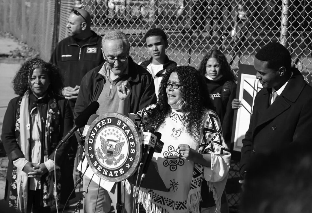 Bronx Activist Nilka Martell in a press conference with Senator Chuck Schumer and Rep. Ritchie Torres advocating for her dream of capping the Cross Bronx Expressway. (Ed Garcia Conde)